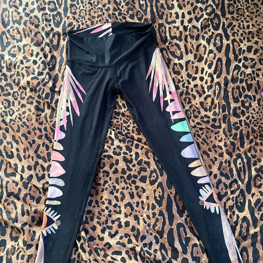 teeki Black Leggings with Pastel Rainbow Floral Side Panels
